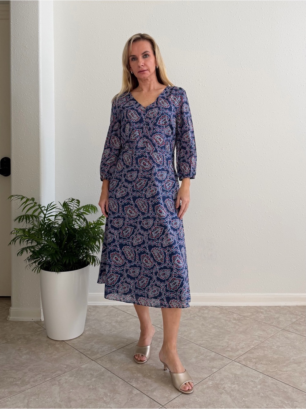 Talbots Paisley Cotton Midi Dress Navy Red 3/4 Sleeve Size 10 NWT